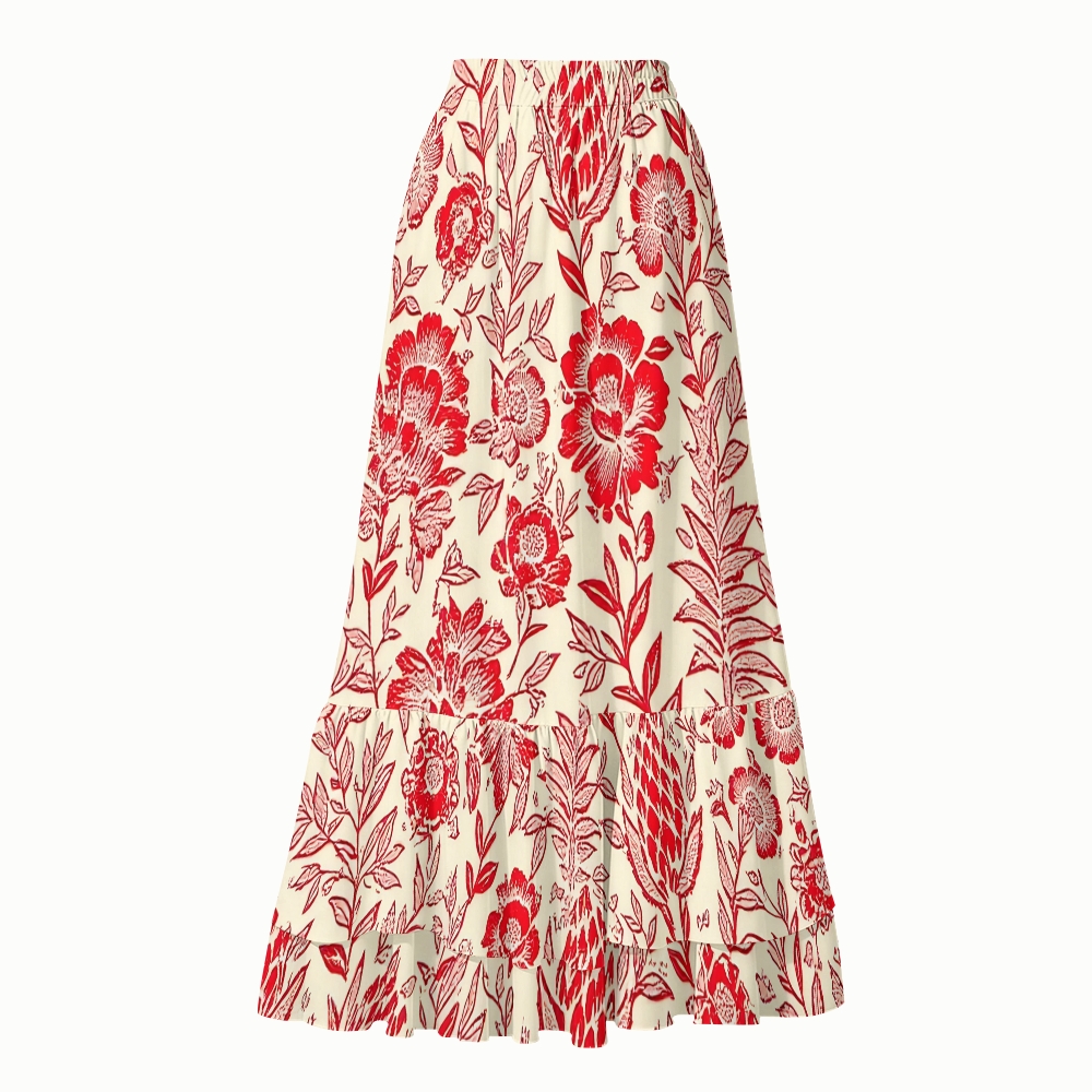 Romantic Red Blossom Print One-Piece Swimsuit and Matching Maxi Skirt