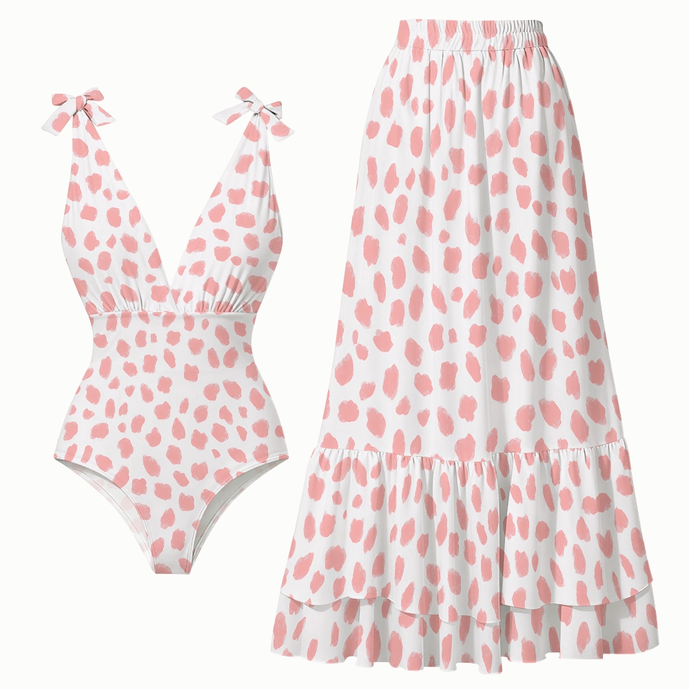 Fun Pink Dot Print One-Piece Swimsuit and Matching Maxi Skirt