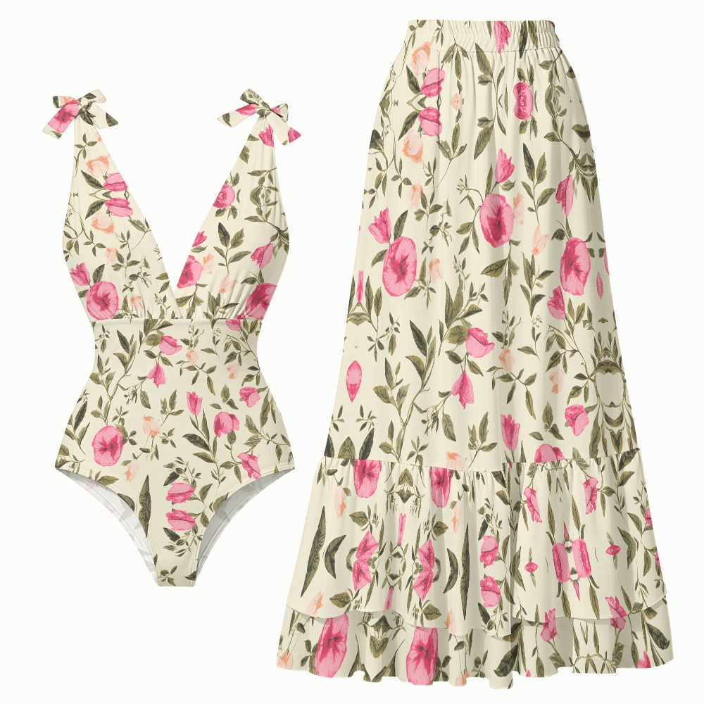 Vintage-Inspired Floral One-Piece Swimsuit with Matching Maxi Skirt