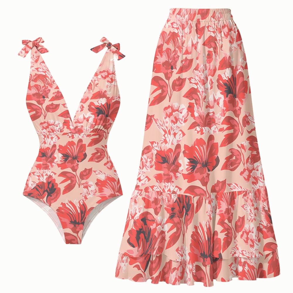 Tropical Floral Resort Lace-up One-Piece Swimsuit with Matching Maxi Skirt