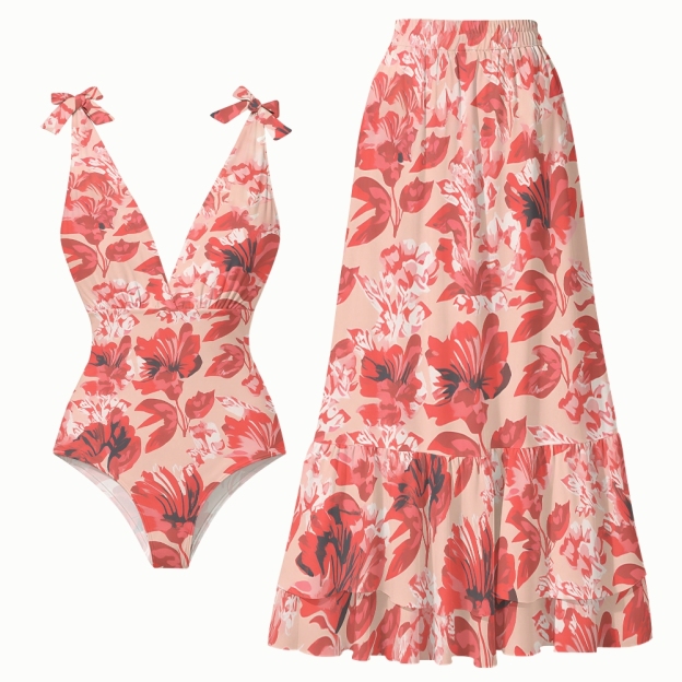 Tropical Floral Resort Lace-up One-Piece Swimsuit with Matching Maxi Skirt