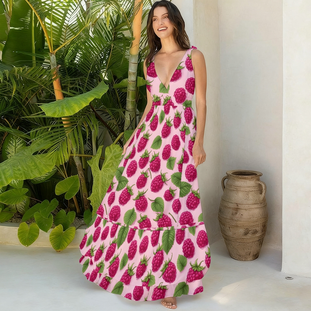 Women Pink Fruit Pattern Swimsuit with Coordinated Maxi Skirt for Summer
