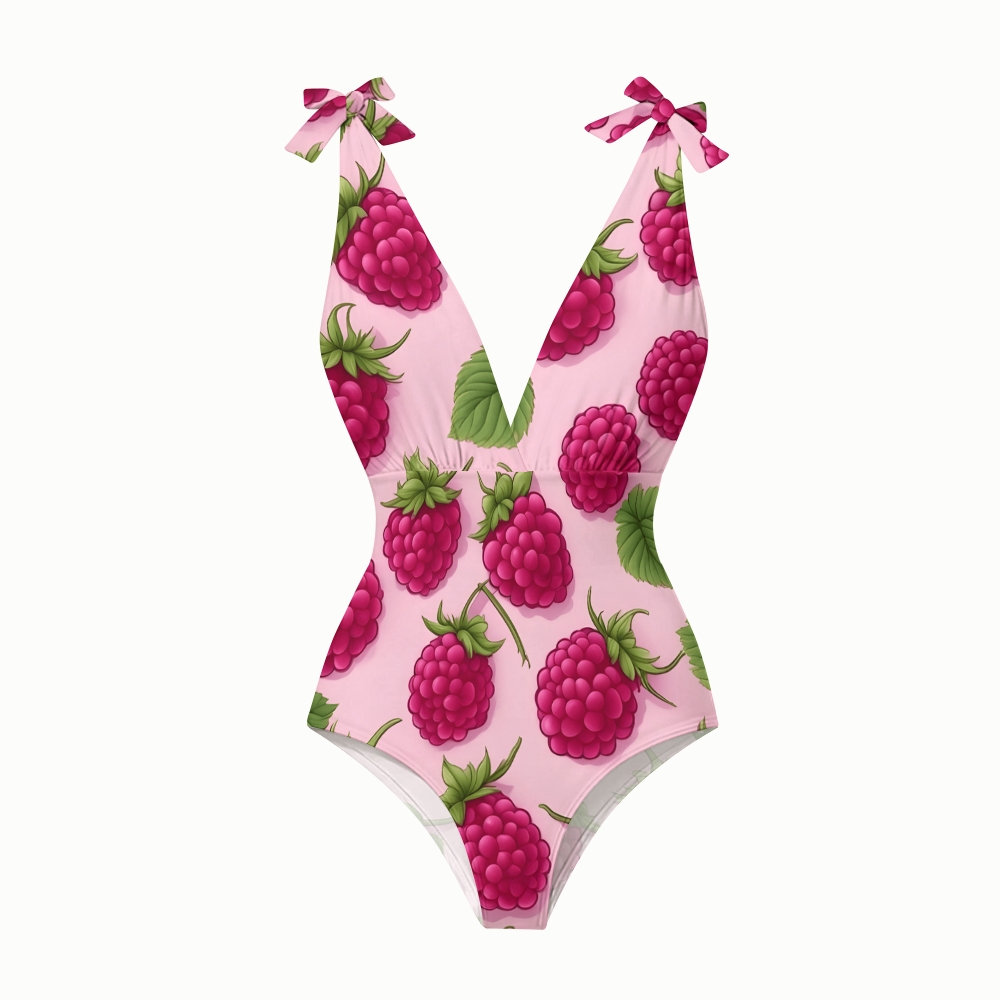 Women Pink Fruit Pattern Swimsuit with Coordinated Maxi Skirt for Summer