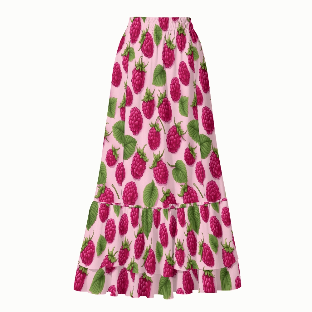 Women Pink Fruit Pattern Swimsuit with Coordinated Maxi Skirt for Summer