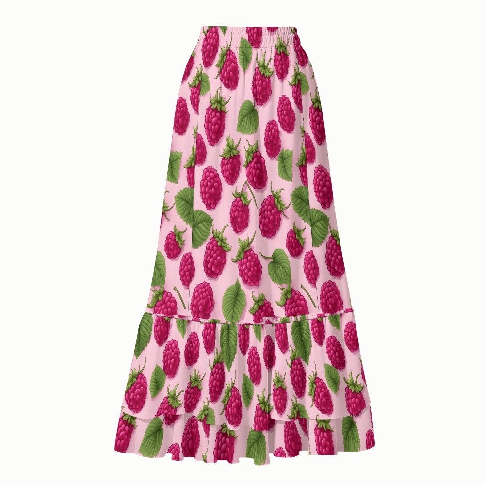 Women Pink Fruit Pattern Swimsuit with Coordinated Maxi Skirt for Summer