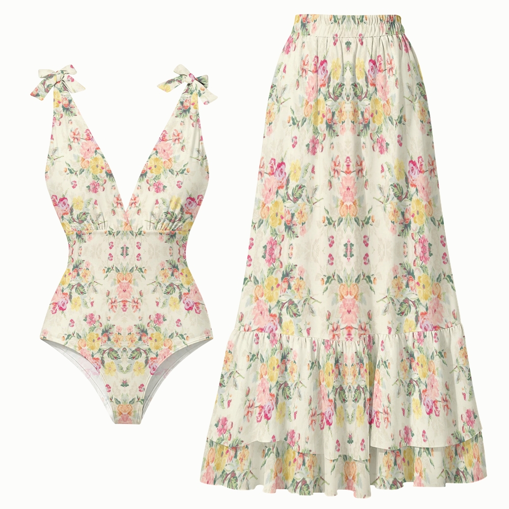 Pastel Floral Lace-up One-Piece Swimsuit with Matching Tiered Maxi Skirt
