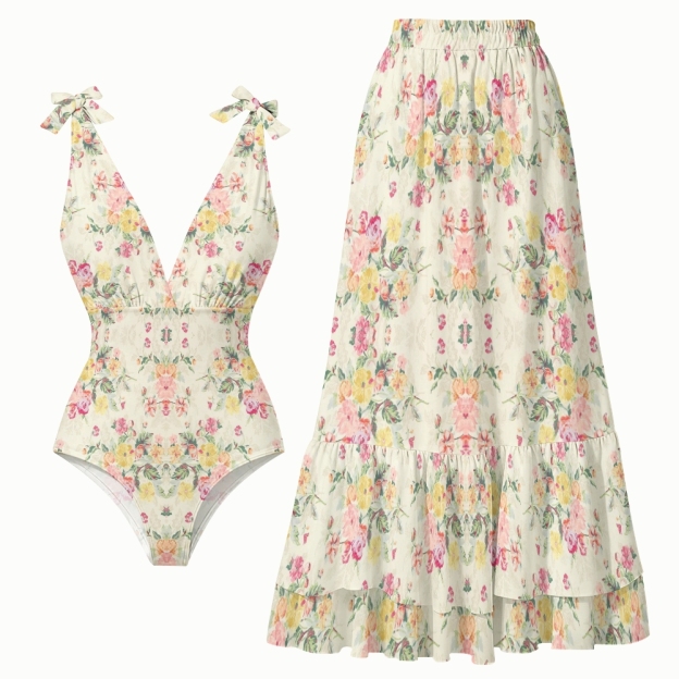 Pastel Floral Lace-up One-Piece Swimsuit with Matching Tiered Maxi Skirt