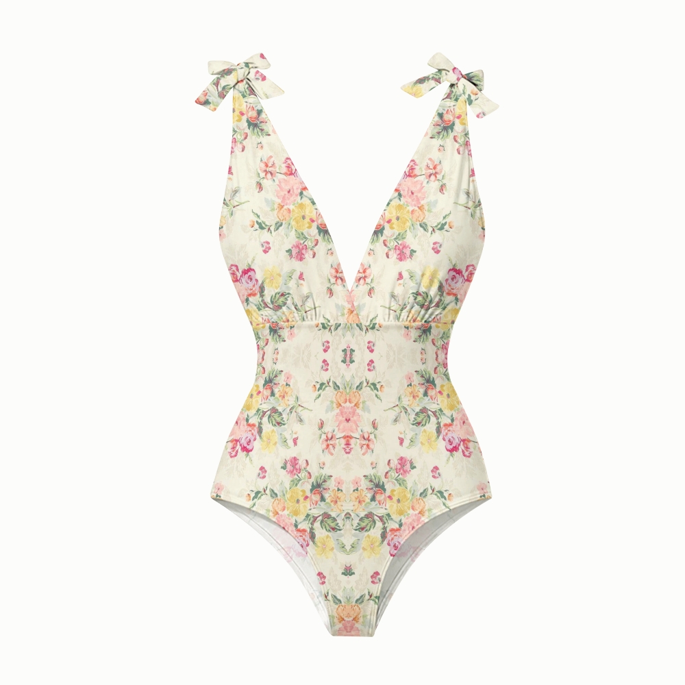 Pastel Floral Lace-up One-Piece Swimsuit with Matching Tiered Maxi Skirt