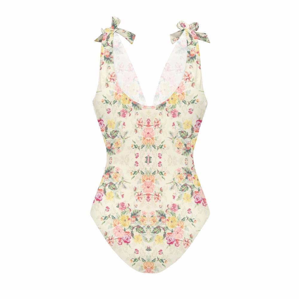 Pastel Floral Lace-up One-Piece Swimsuit with Matching Tiered Maxi Skirt