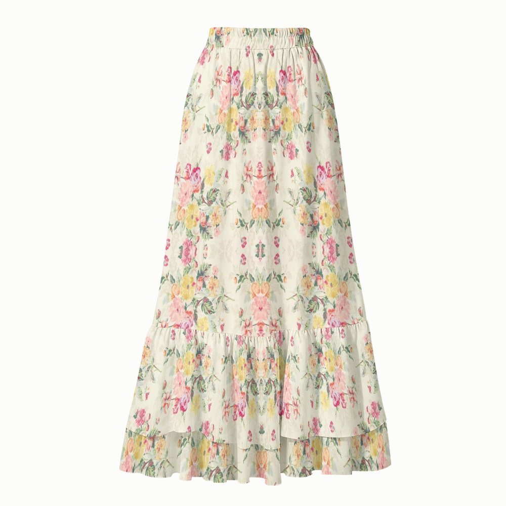 Pastel Floral Lace-up One-Piece Swimsuit with Matching Tiered Maxi Skirt