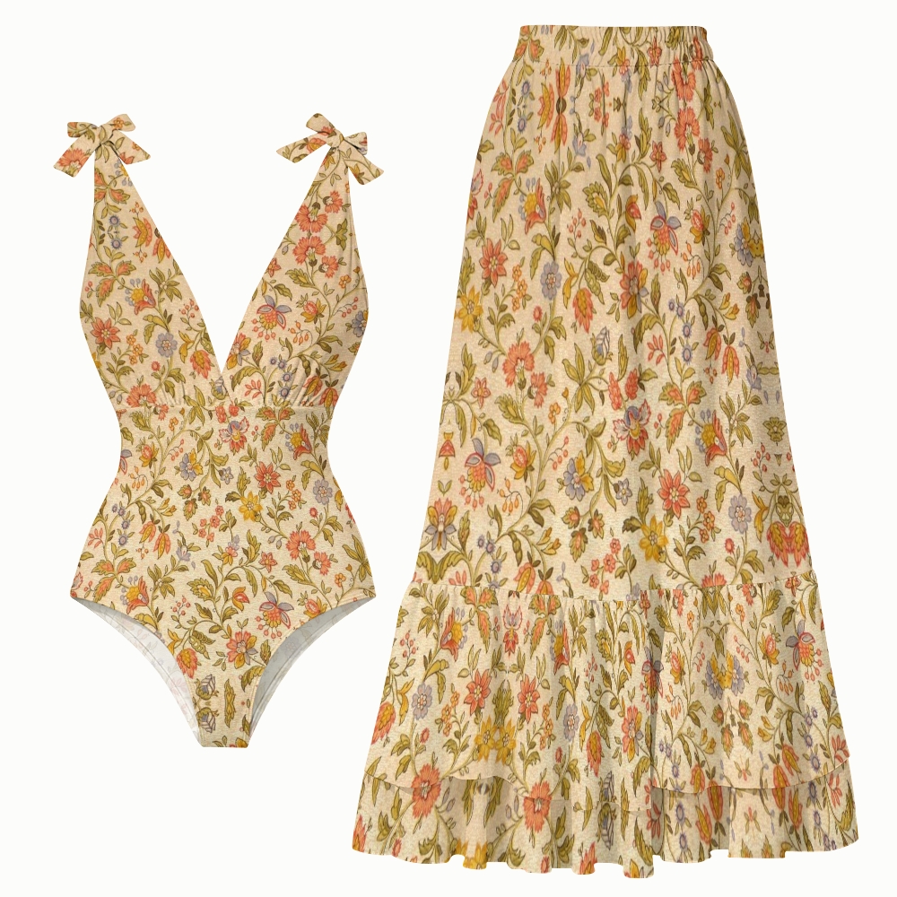 Soft Vintage-Inspired Lace-up One-Piece Swimsuit and Matching Maxi Skirt