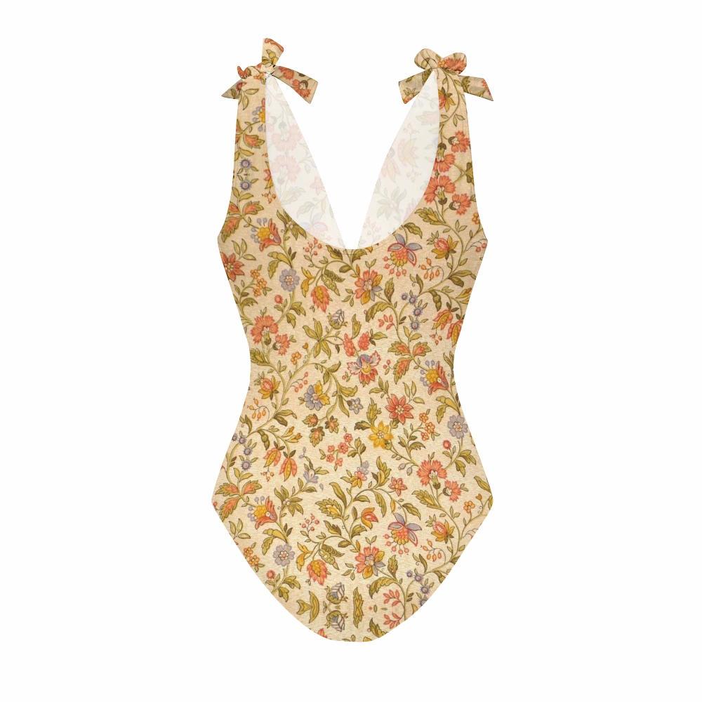 Soft Vintage-Inspired Lace-up One-Piece Swimsuit and Matching Maxi Skirt