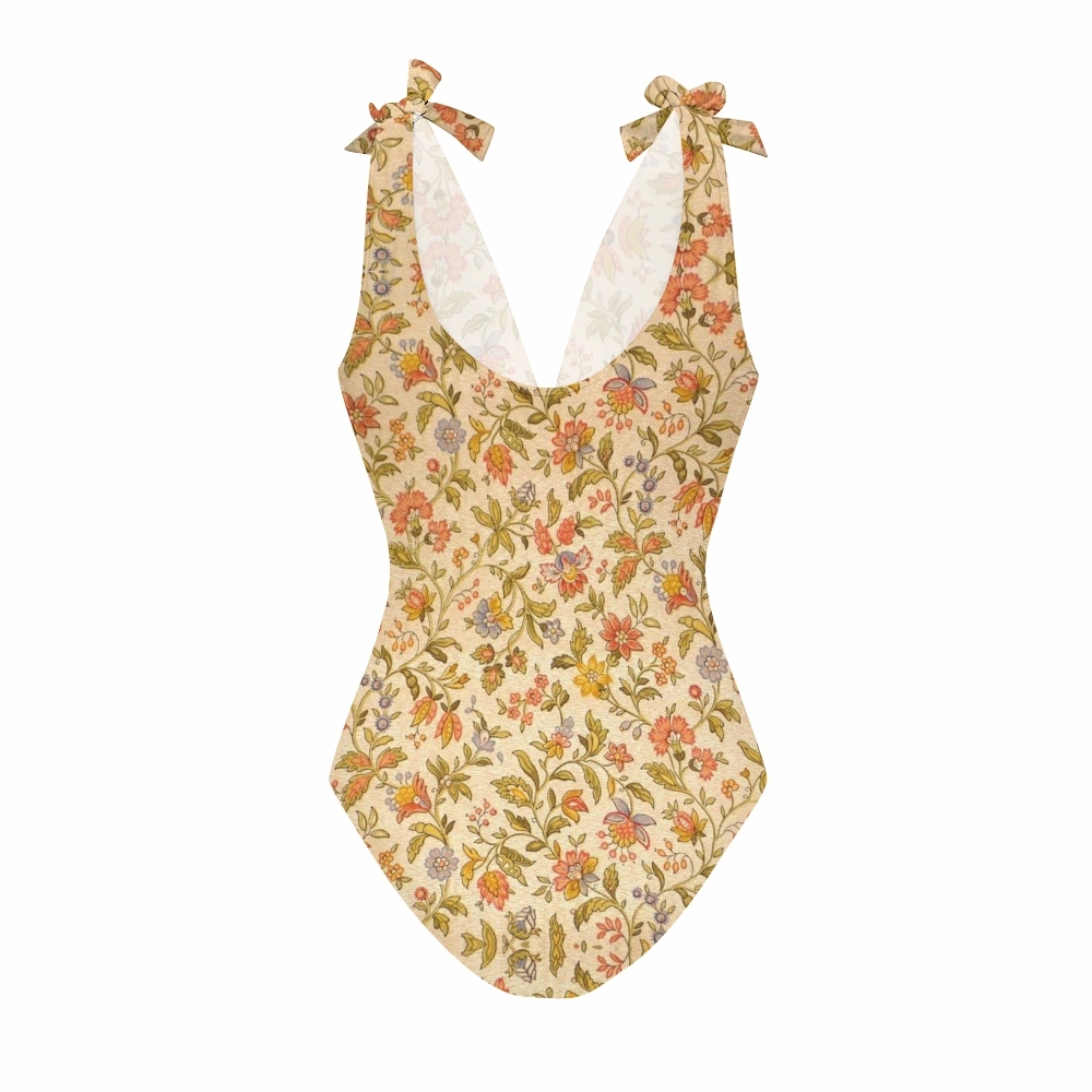 Soft Vintage-Inspired Lace-up One-Piece Swimsuit and Matching Maxi Skirt