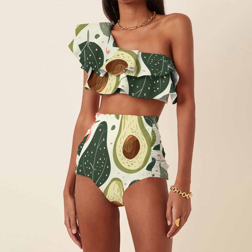 Two Piece Swimsuit with Avocado and Leaf Print and Ruffled Bikini Top