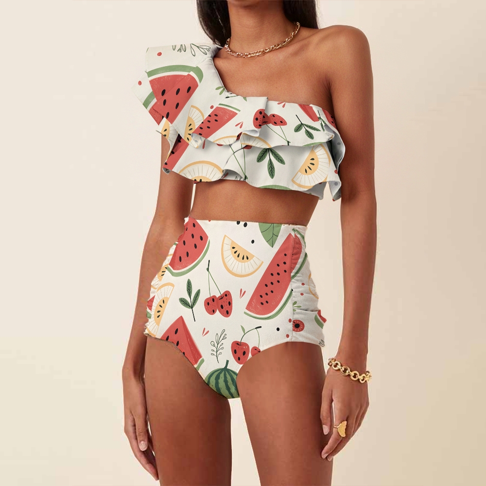 Fruit Print Bikini Set with One Shoulder Ruffle Top and High Waist Bottom