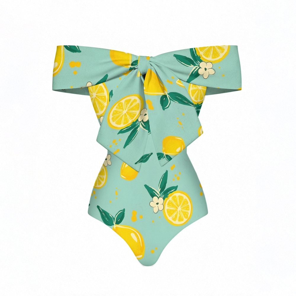 Women's Stylish Lemon Print Swimsuit with Feminine Bow and Floral Accents
