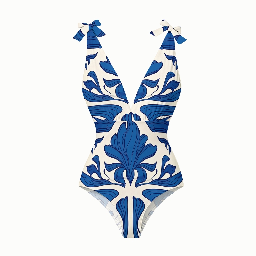 Baroque Ornate Floral One-Piece Swimsuit with Matching Maxi Skirt