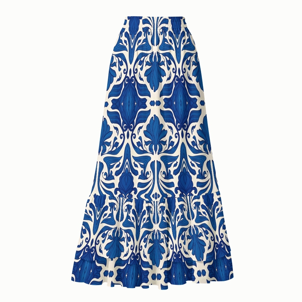 Baroque Ornate Floral One-Piece Swimsuit with Matching Maxi Skirt