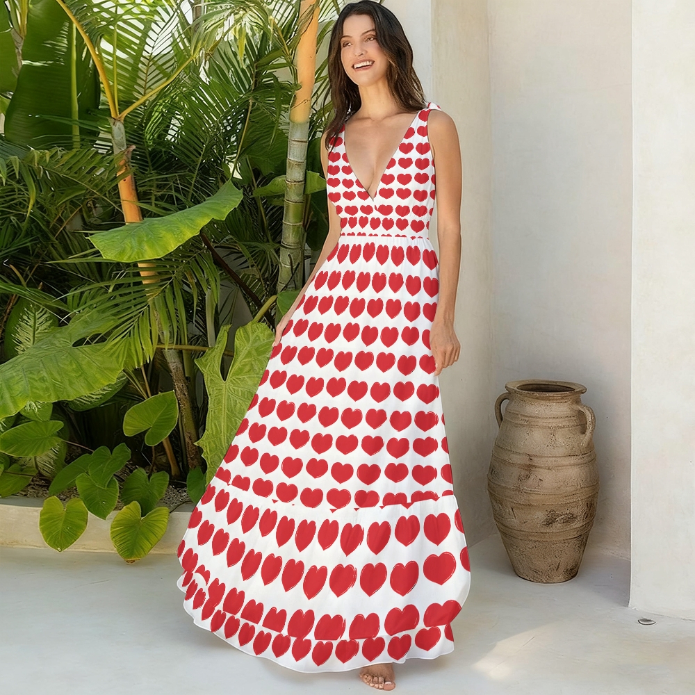 Romantic Valentine’s Day Heart Pattern Swimsuit and Matching Maxi Skirt