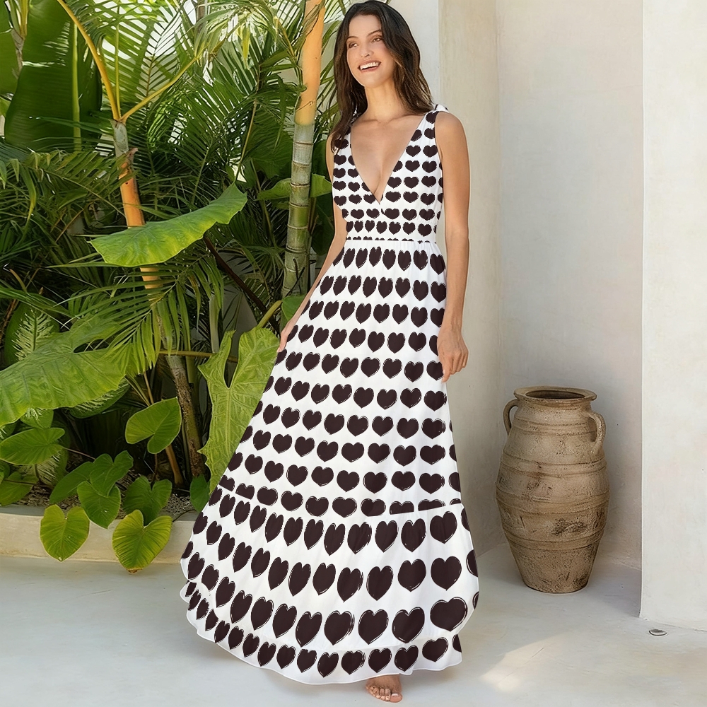 Romantic Valentine’s Day Heart Pattern Swimsuit and Matching Maxi Skirt