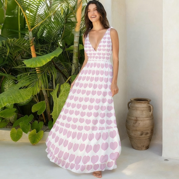 Romantic Valentine’s Day Heart Pattern Swimsuit and Matching Maxi Skirt