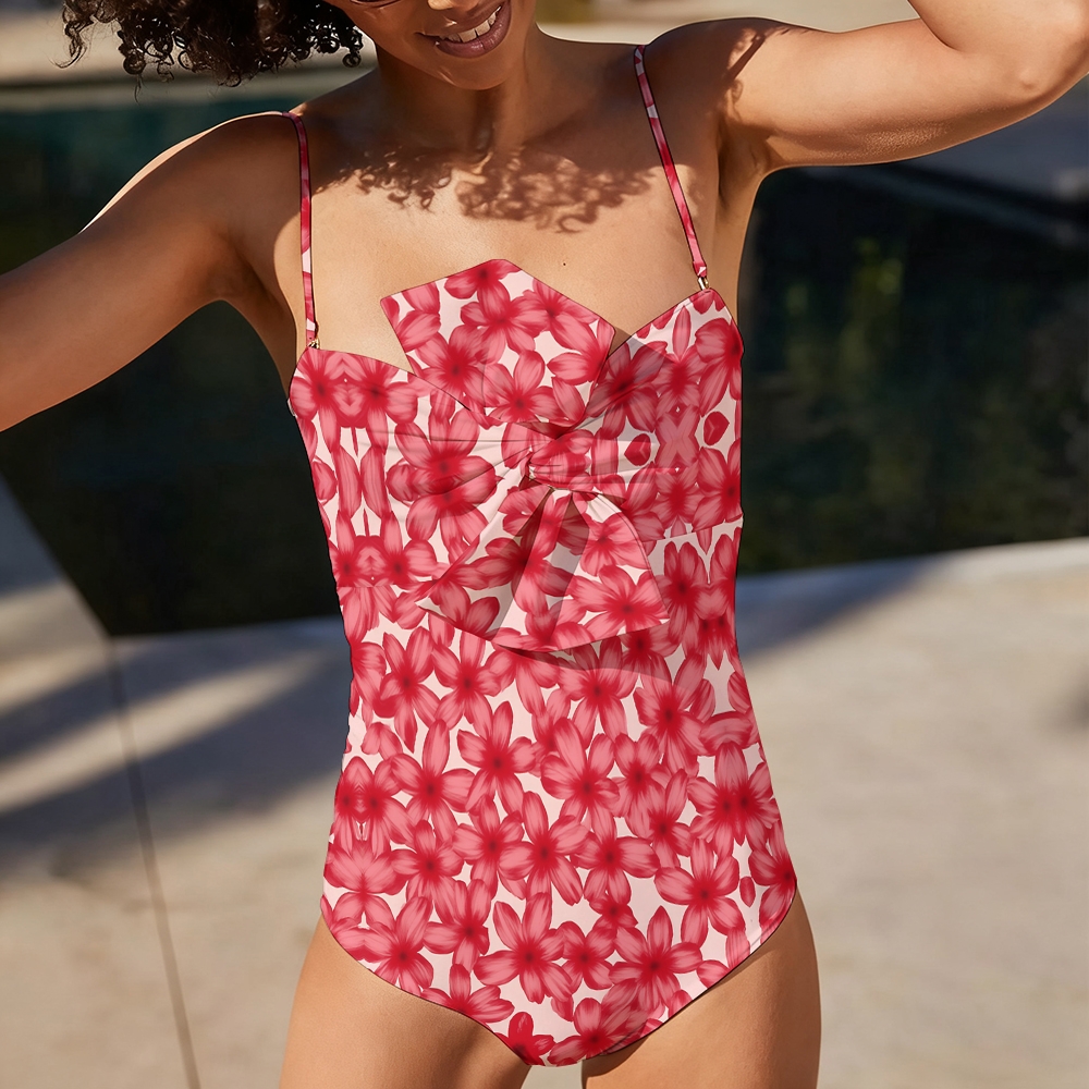 Vintage-Inspired Red Floral Bow Front One-Piece Swimsuit