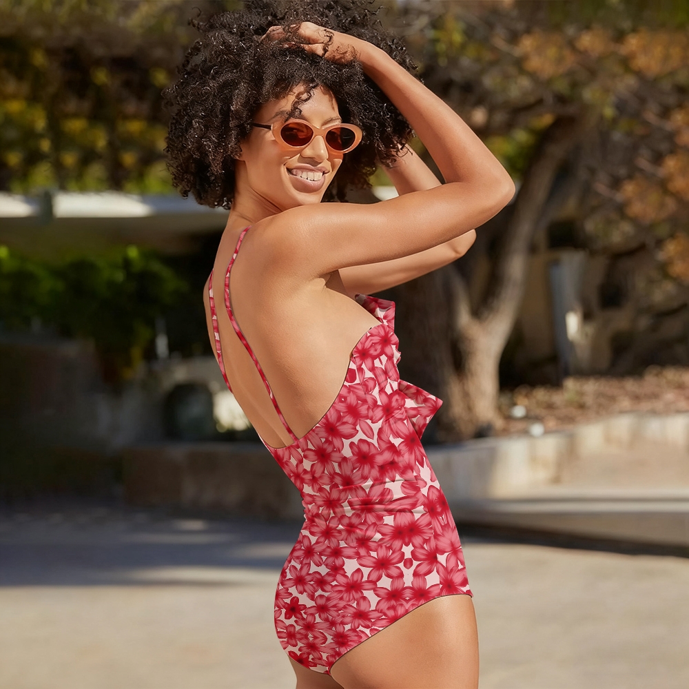 Vintage-Inspired Red Floral Bow Front One-Piece Swimsuit