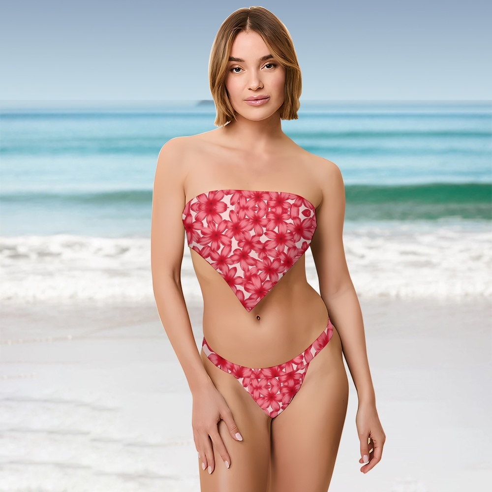 Tropical Red Blossom Bikini with Bandana Top and Low-Rise Bottoms