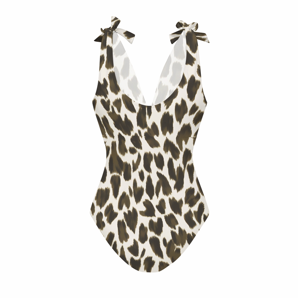 Leopard Print V-Neck One-Piece Swimsuit and Coordinating Tiered Maxi Skirt