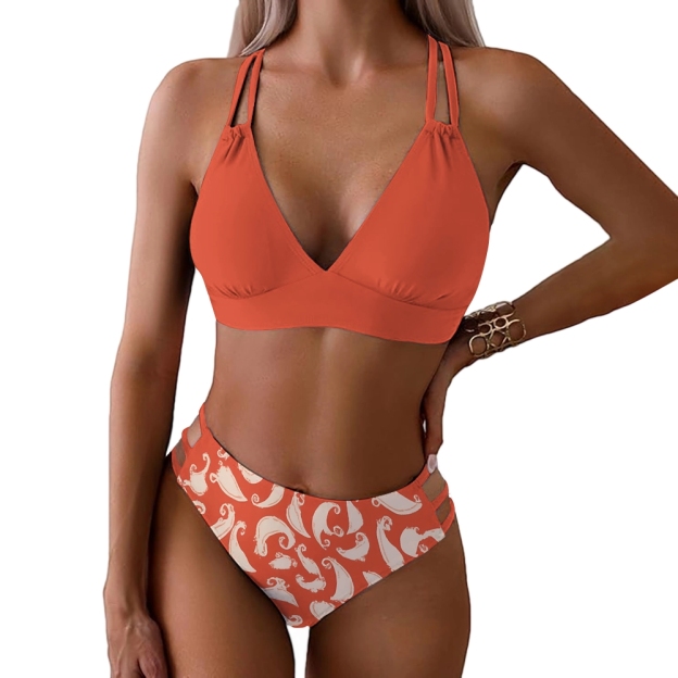 Burnt Orange Bikini Set with Deep V Top and Printed High-Waisted Bottoms