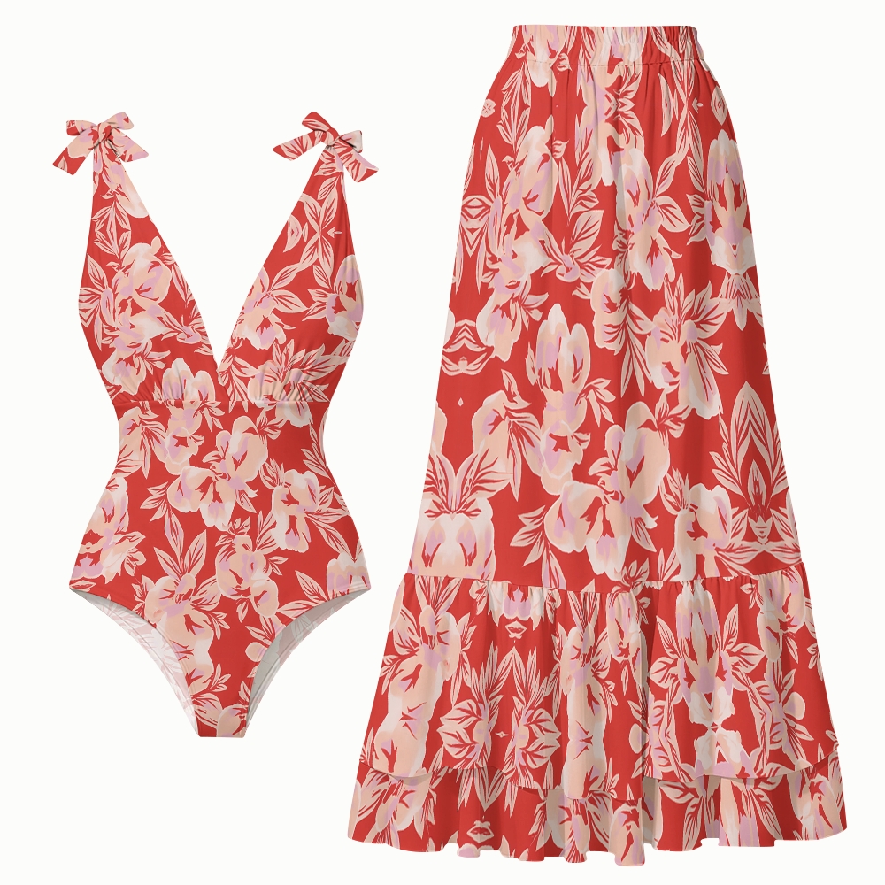 Tropical Red Floral Lace-up One-Piece Swimsuit and Matching Tiered Maxi Skirt