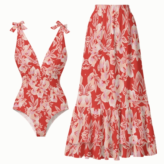 Tropical Red Floral Lace-up One-Piece Swimsuit and Matching Tiered Maxi Skirt