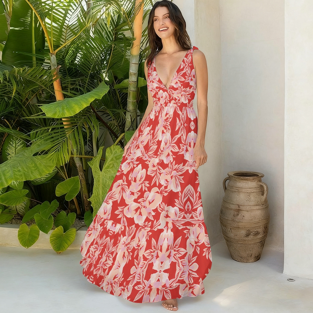Tropical Red Floral Lace-up One-Piece Swimsuit and Matching Tiered Maxi Skirt
