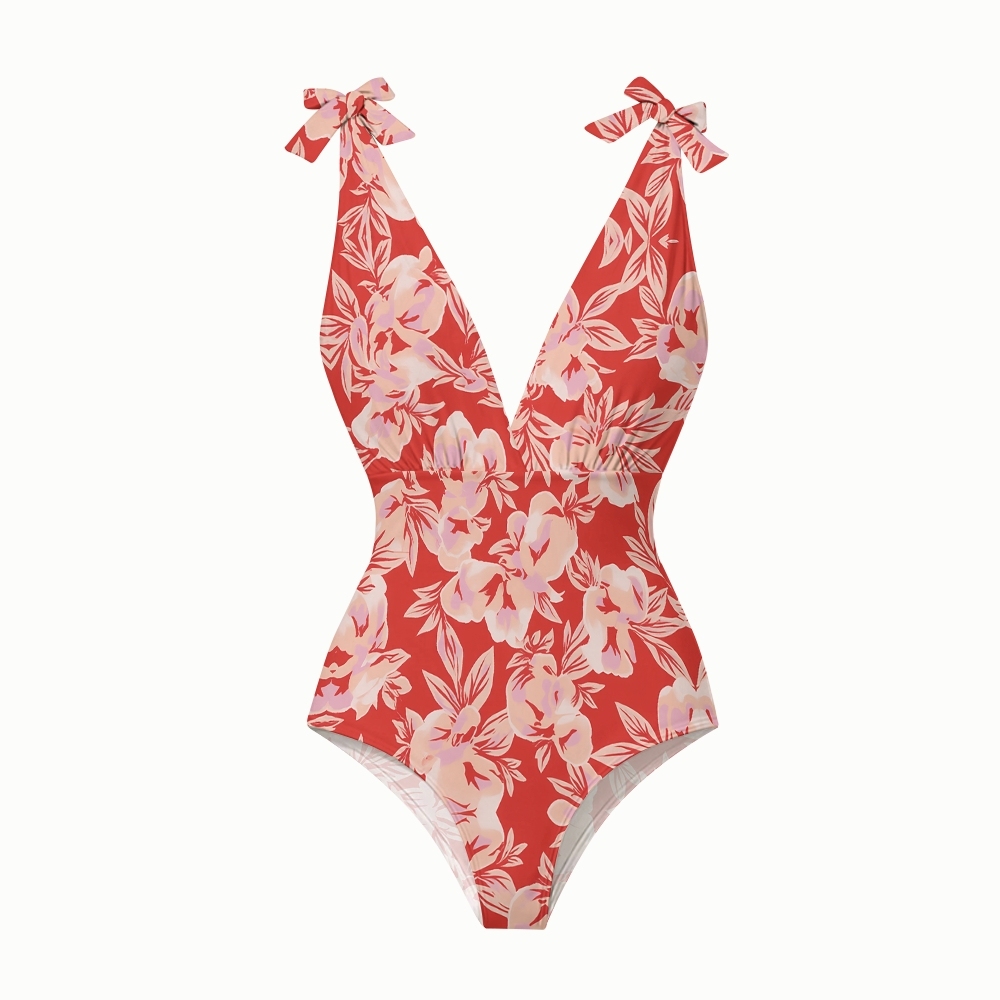 Tropical Red Floral Lace-up One-Piece Swimsuit and Matching Tiered Maxi Skirt