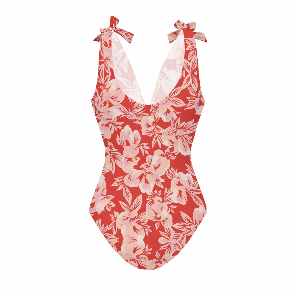 Tropical Red Floral Lace-up One-Piece Swimsuit and Matching Tiered Maxi Skirt