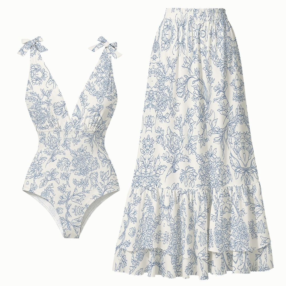 Coastal Blue and White Floral One-Piece Swimsuit and Matching Maxi Skirt