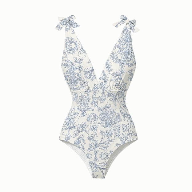 Coastal Blue and White Floral One-Piece Swimsuit and Matching Maxi Skirt