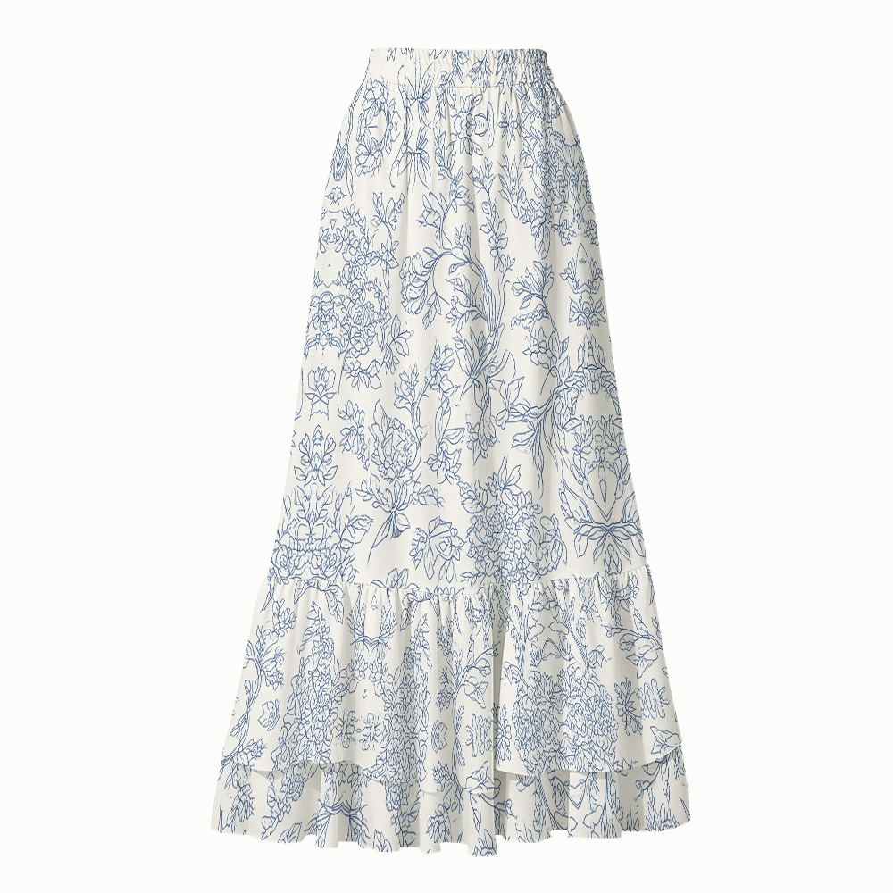 Coastal Blue and White Floral One-Piece Swimsuit and Matching Maxi Skirt