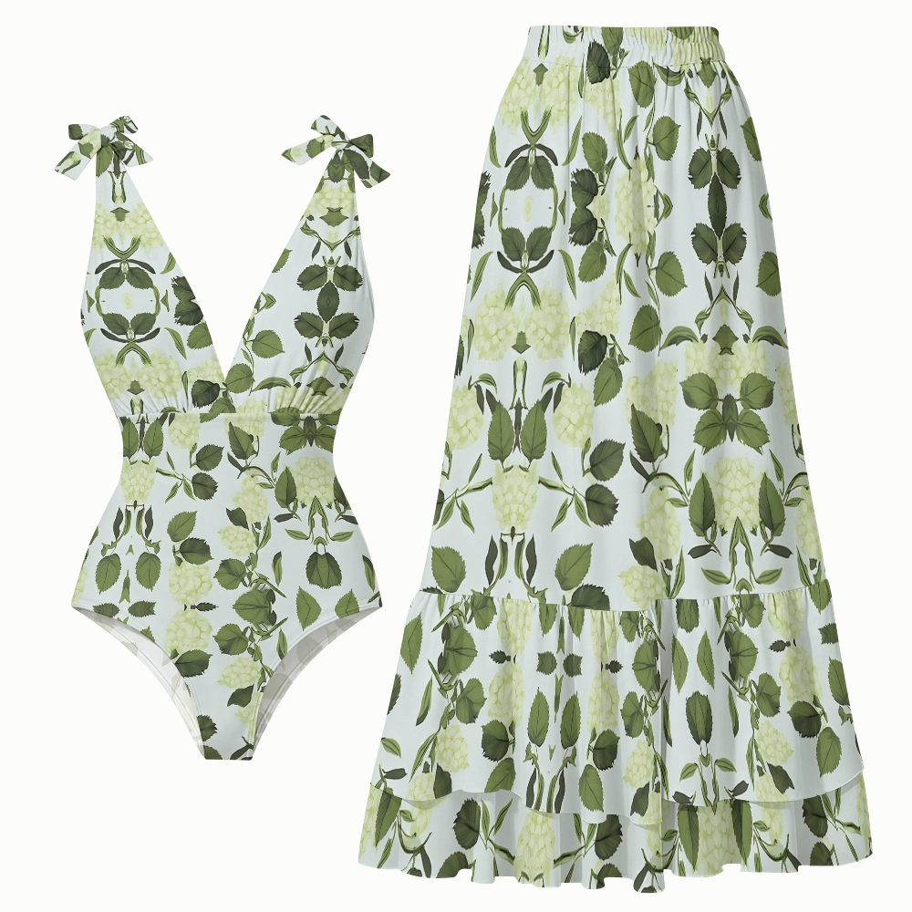 Green Hydrangea Lace-up One-Piece Swimsuit with Matching Maxi Skirt