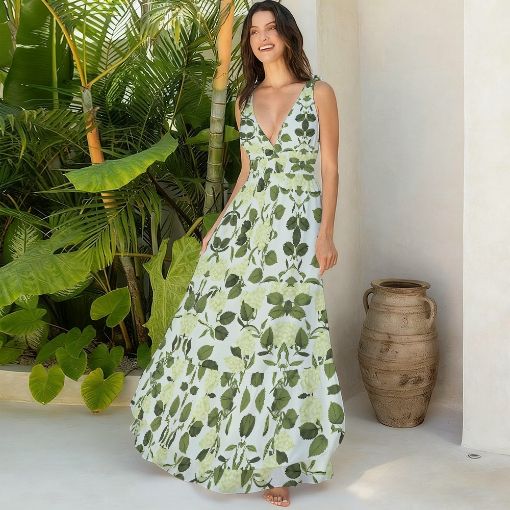 Green Hydrangea Lace-up One-Piece Swimsuit with Matching Maxi Skirt