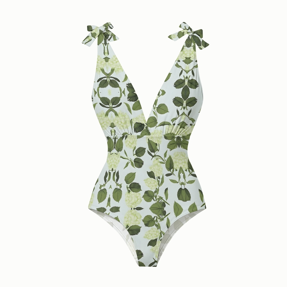Green Hydrangea Lace-up One-Piece Swimsuit with Matching Maxi Skirt