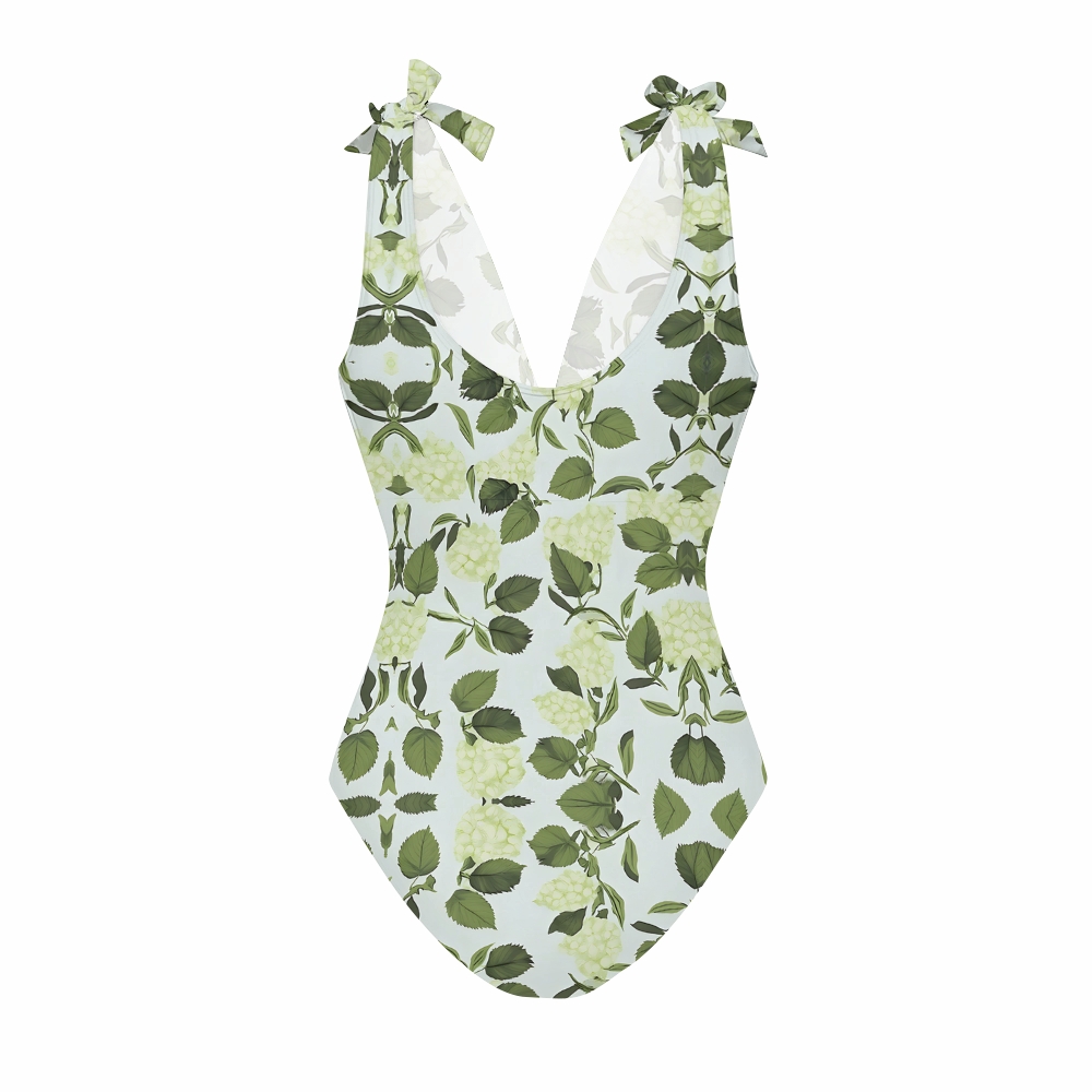 Green Hydrangea Lace-up One-Piece Swimsuit with Matching Maxi Skirt