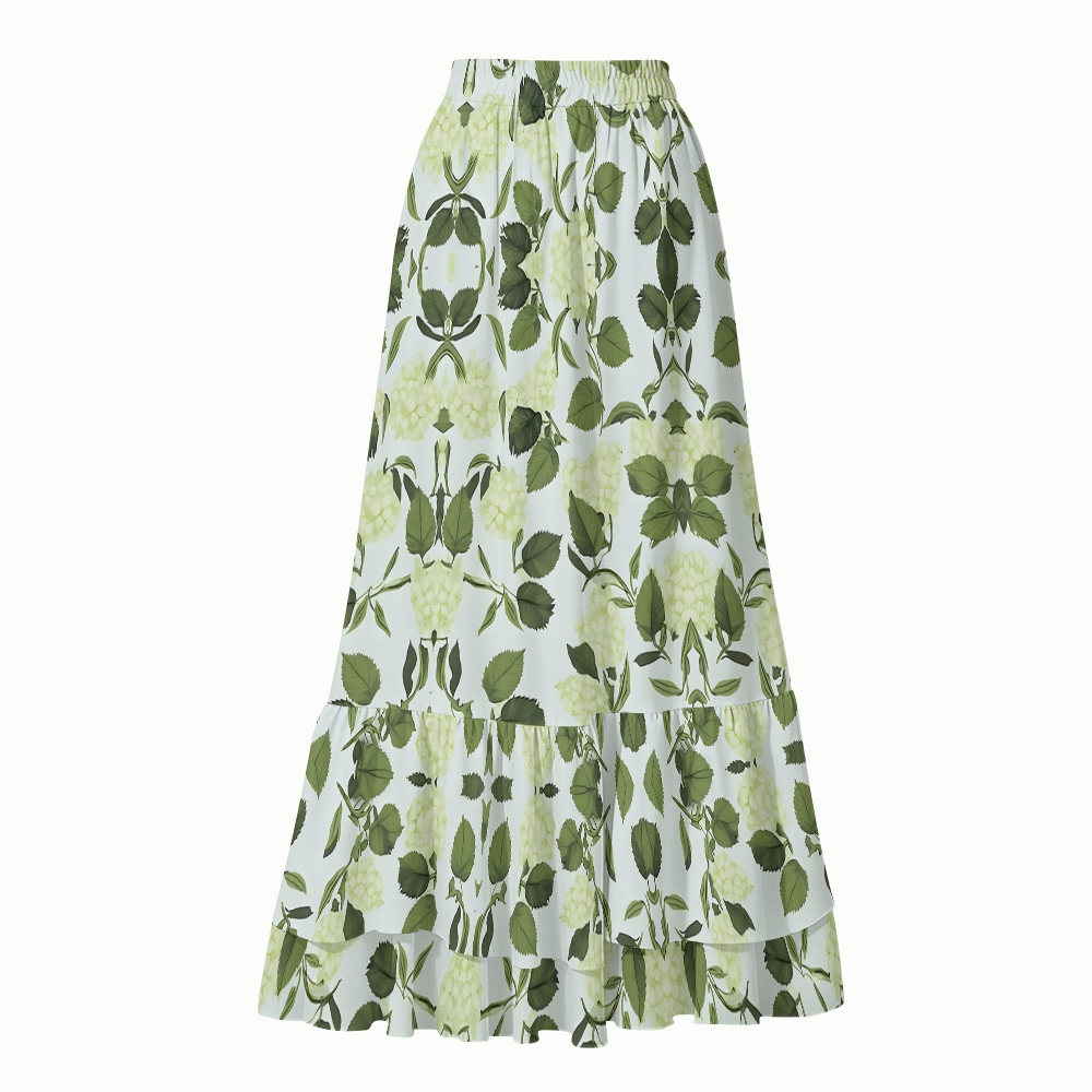 Green Hydrangea Lace-up One-Piece Swimsuit with Matching Maxi Skirt