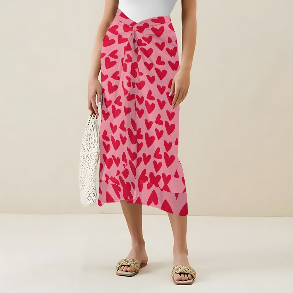 Women Heart Print One Piece Swimsuit with Matching Wrap Skirt Romantic Beachwear Set
