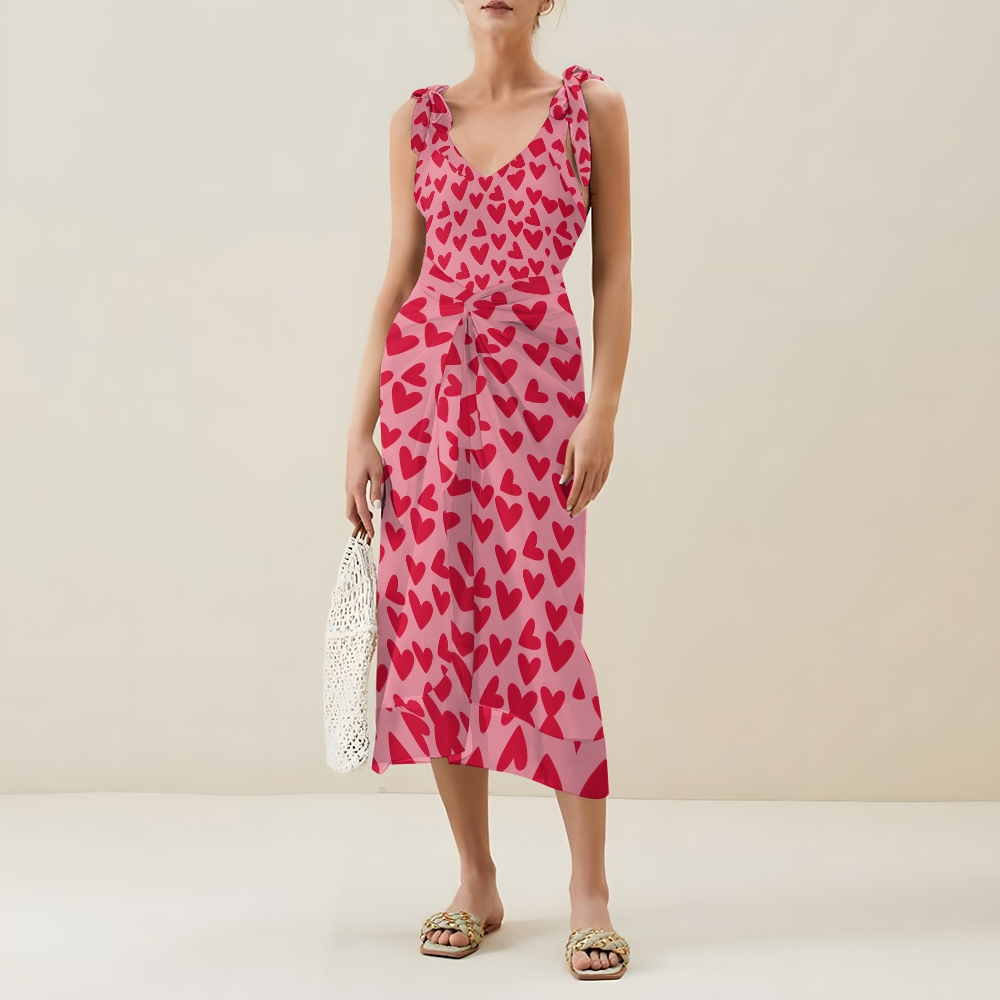 Women Heart Print One Piece Swimsuit with Matching Wrap Skirt Romantic Beachwear Set