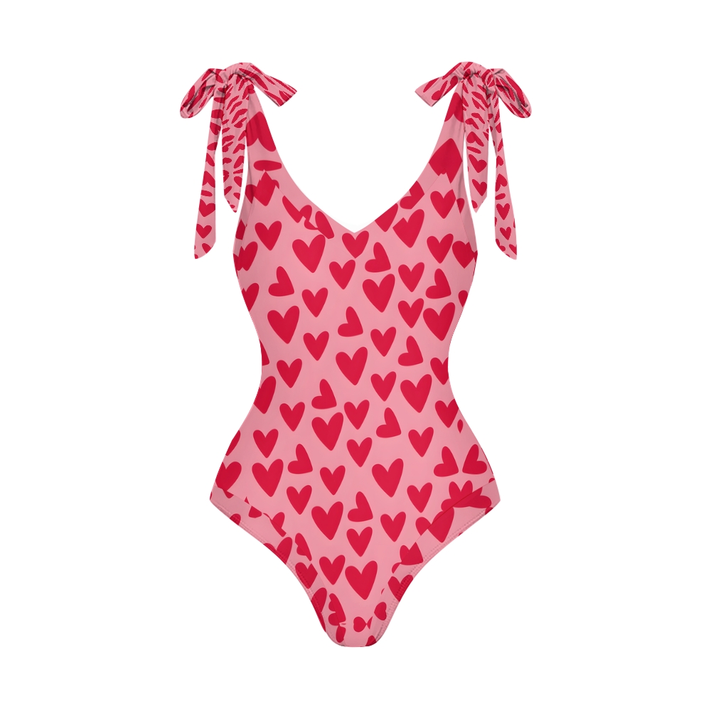 Women Heart Print One Piece Swimsuit with Matching Wrap Skirt Romantic Beachwear Set