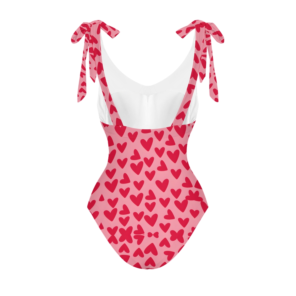 Women Heart Print One Piece Swimsuit with Matching Wrap Skirt Romantic Beachwear Set