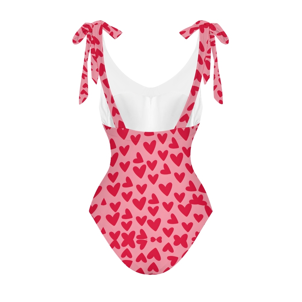 Women Heart Print One Piece Swimsuit with Matching Wrap Skirt Romantic Beachwear Set