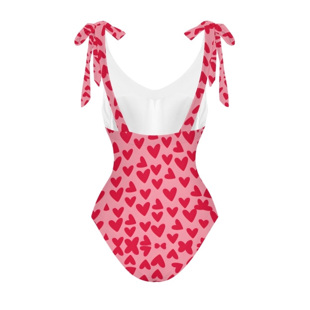 Women Heart Print One Piece Swimsuit with Matching Wrap Skirt Romantic Beachwear Set