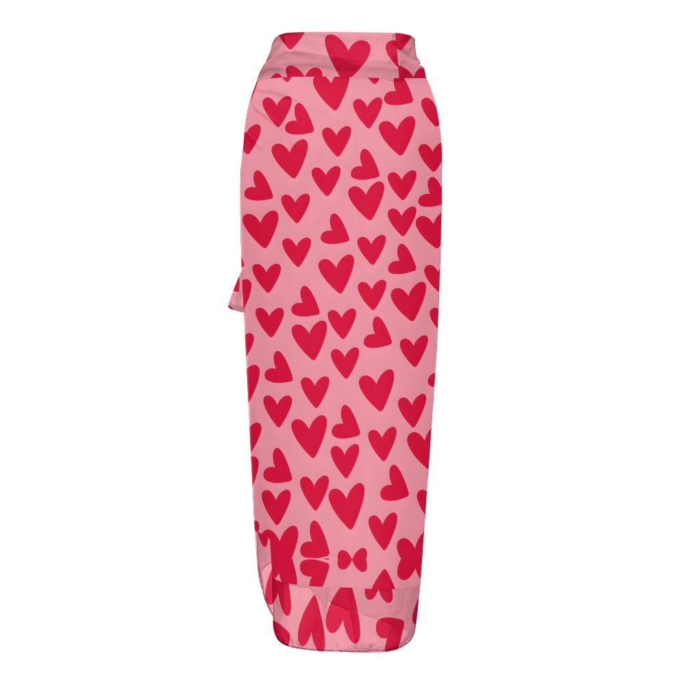 Women Heart Print One Piece Swimsuit with Matching Wrap Skirt Romantic Beachwear Set